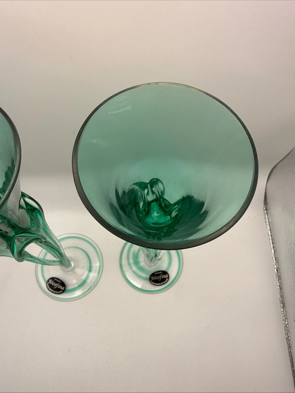 Vintage Set of 2 Green Jozefina Krosno Art Glass Taper Candleholders Hand-Blown
